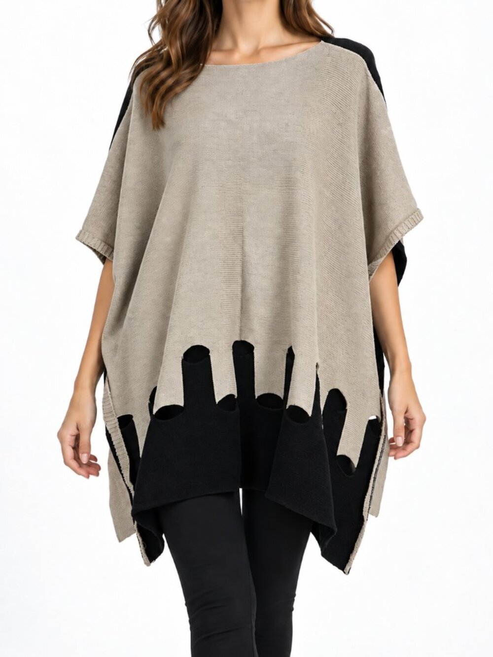 ANGL Oversized Black & Beige Distressed Knit Poncho Sweater Top, S